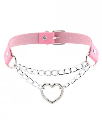 choker-rosa-vegan-läder-kedjor-hjärta