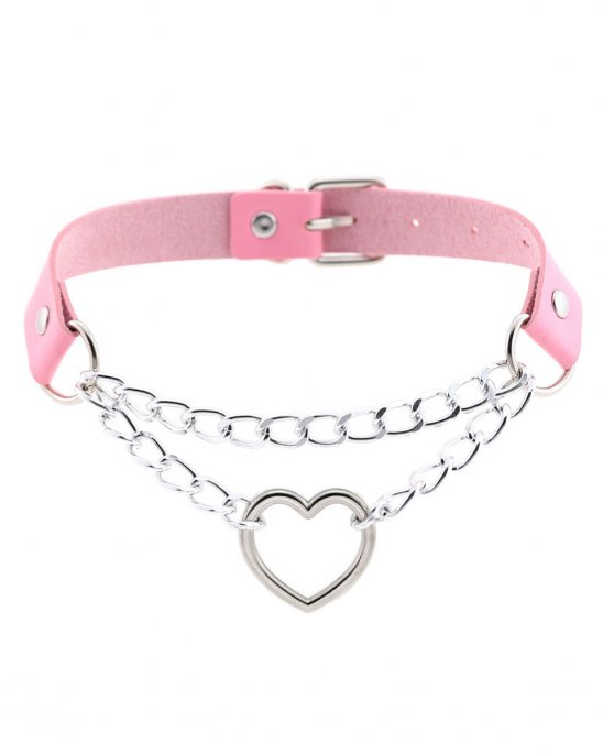 choker-rosa-vegan-läder-kedjor-hjärta