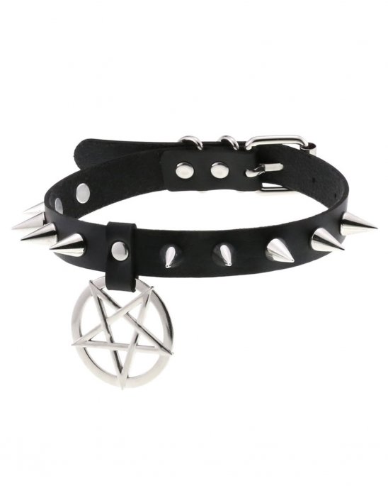 choker-svart-vegan-läder-skruvnitar-pentagram