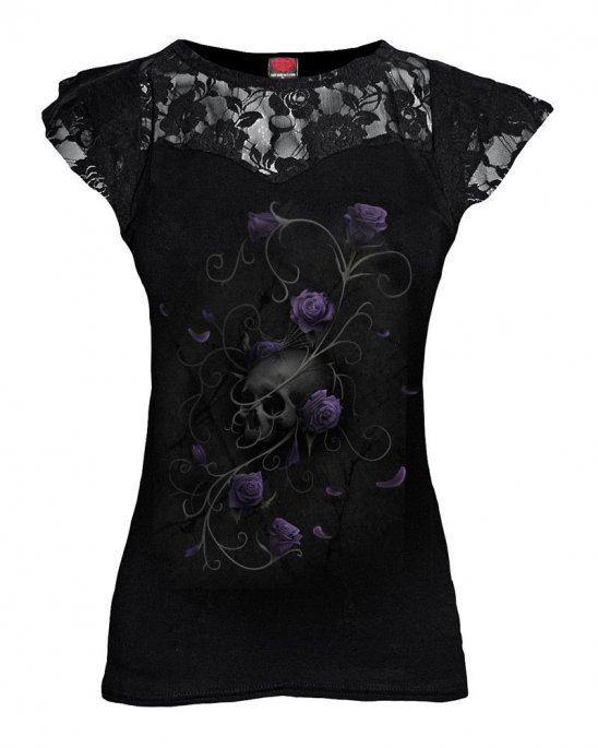 ENTWINED SKULL - Lace Layered Cap Sleeve Top Black