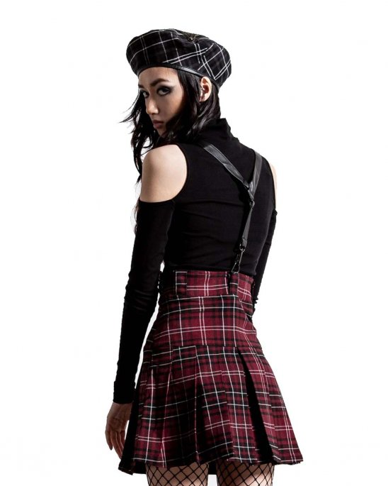 killstar-kjol-svart-röd-tartan-hängslen