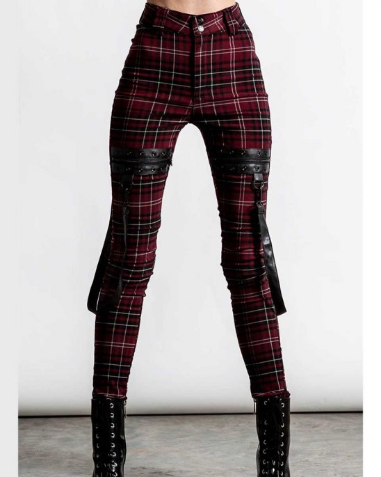 Killstar-Stretch-Byxa-jeans-Röd-Tartan-Straps