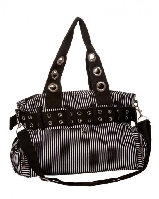 Svart snygg rockväska med lila ränder och många detaljer, nitar, öljetter och dragkedjor